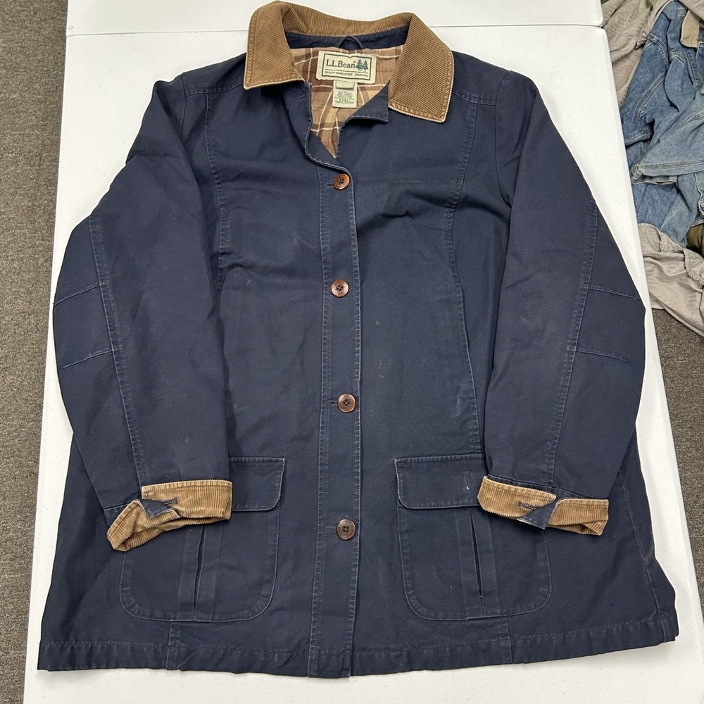 L.L. Bean Barn Coat Womens 1X Navy Excellent Flannel Lined Corduroy Trim